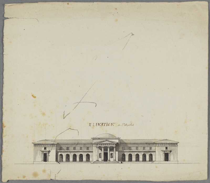Elevation av hospitals byggnad. "Elevation de L'Hopital". 1786 års tävlingsämne vid Akademien.