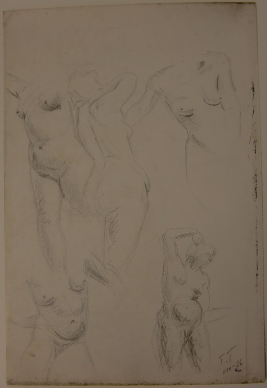 Nakenstudier av fem kvinnliga modeller; verso: ryggstudie