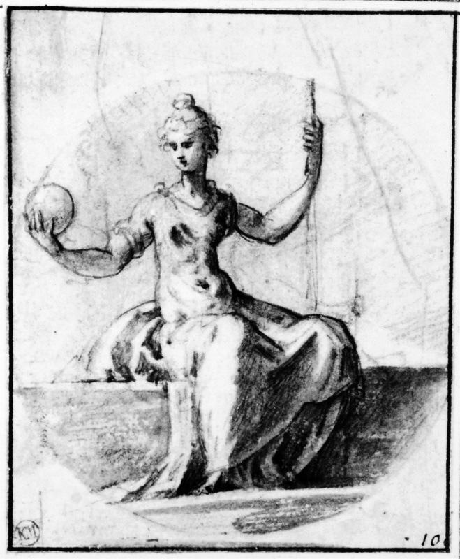 Sittande draperad kvinna, sedd framifrån, med en glob i sin högra hand och en stav i sin vänstra hand