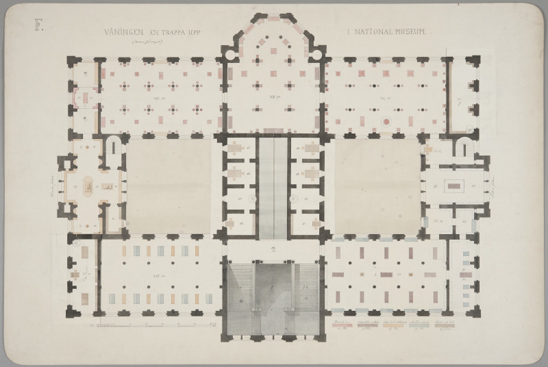Nationalmuseum. Plan av mellanvåningen med alternativa förslag påklistrade, andra förslaget