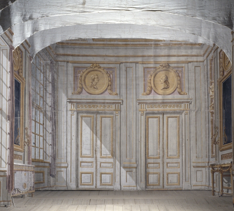 Del av "Kuliss till en kammare", 15 delar: Fondvägg, interiör med två dubbeldörrar