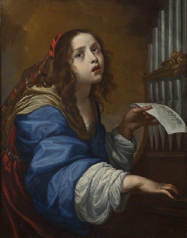 Den heliga Cecilia spelande orgel