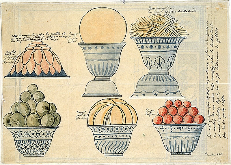 Sex fruktskålar av porslin. Påskrifter på franska. THC 829 på baksidan