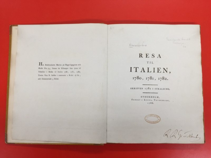 "Resa til Italien, 1780, 1781, 1782. Skrifven 1782 i Stralsund." [Text del]