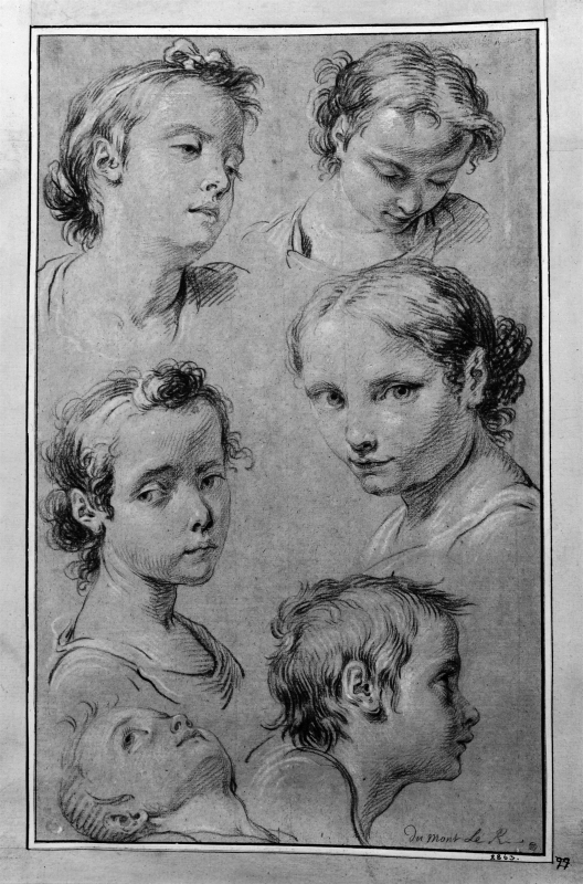 Sex huvuden, fyra av ung kvinna och två av barn