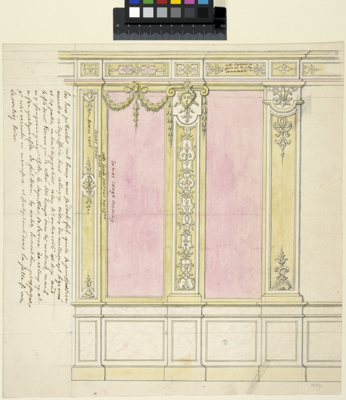 Design for a Wall Decoration with Red Silk between Pilasters. Three alternative designs
