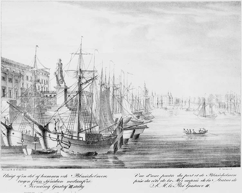 "Utsigt af en del af hamnen och Blasieholmen tagen från sjösidan nedanföre Konung Gustaf IIIs staty"