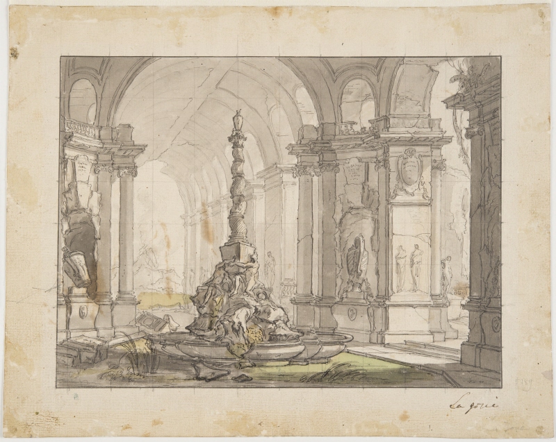 Fountain with twisted central pillar set in a colonnade