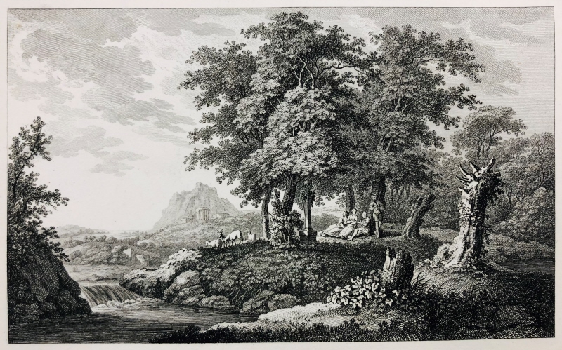 Landskap med lövskogsbacke där tre personer sitter och lyssnar till en fjärde som spelar flöjt
