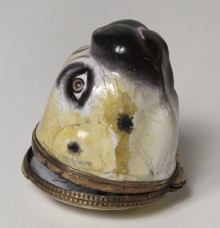 Box with hinged lid, in the shape of a pug dogs head