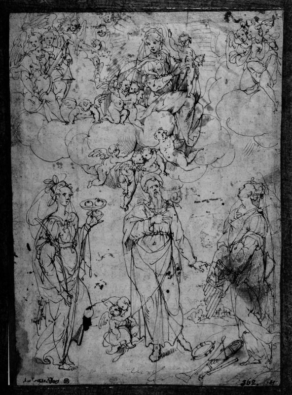 Madonnan med barnet svävande i skyn, Sankta Justina, ett manligt helgon med hjälm och Sankta Cecilia på marken