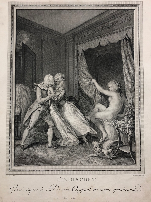 En kammarjungfru försöker hindra en man att se hennes härskarinna naken