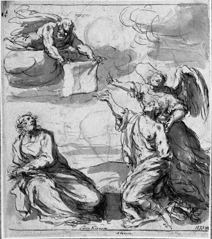 Två helgon, en ängel och en figur som svävar i skyn och håller fram ett tygstycke mot det kvinnliga helgonet