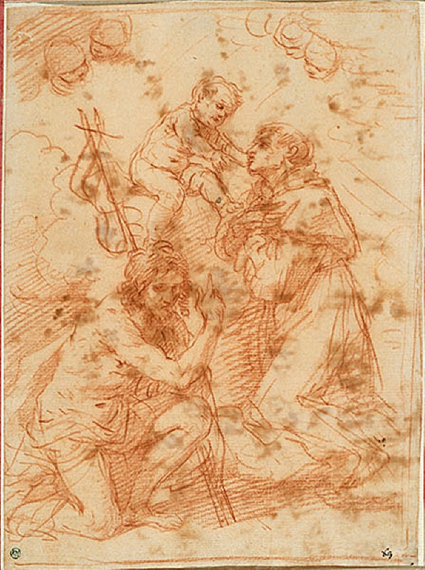 Den helige Antonius av Padua mottager Jesusbarnet och evangelisten Johannes