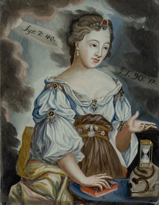 Woman with Book, Hour Glass and Skull