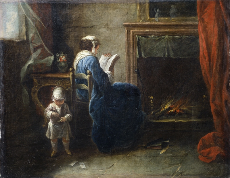 Woman Reading in front of a Fireplace