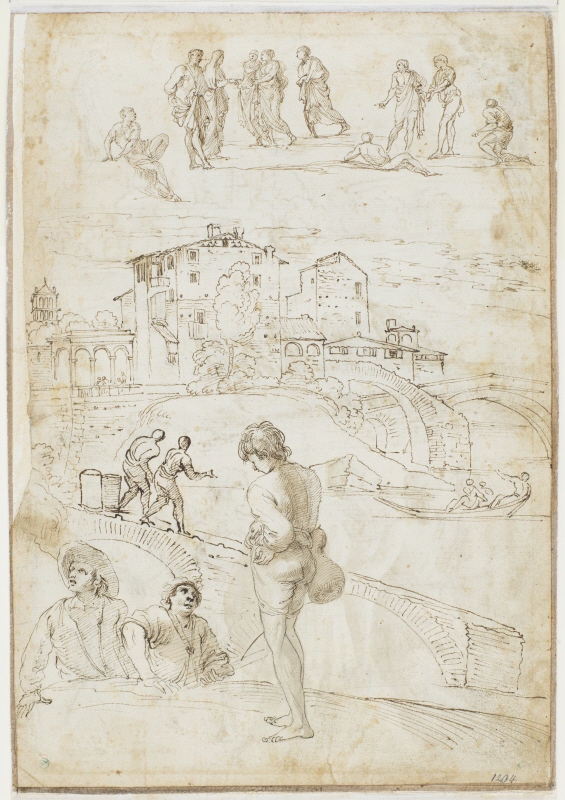 Överst: Komposition med tio figurer ; Mitten: Stadsbild ; Nederst: Figurer på och runt en bro