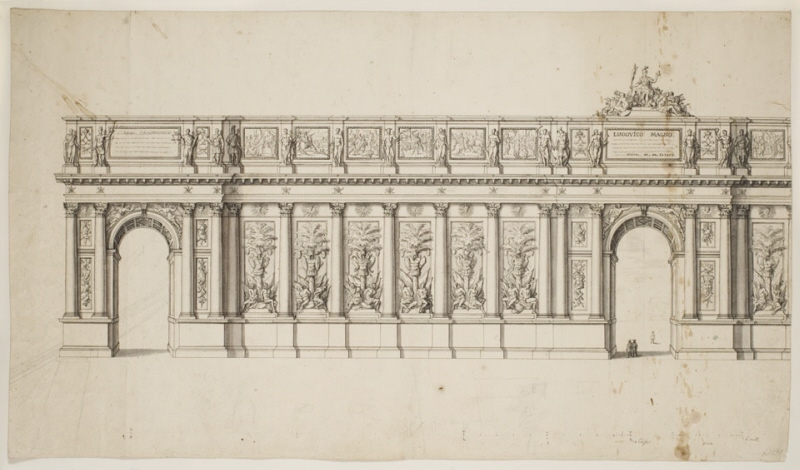 Förslag till en 'Place Royale'; skärmbyggnad med kolonner och triumfportar vid Place Dauphin, Paris. Elevation av halva fasaden