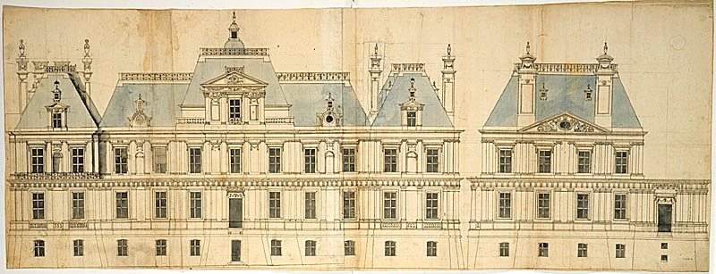 Château de Maisons. Elevation av trädgårdsfasaden, samt sidofasad