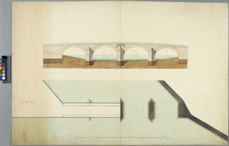 Ritning till bro med fyra spann, från 'Isle Notre Dame', Paris. Elevation och plan, samt med uppgifter om vattenståndet 20 januari 1698
