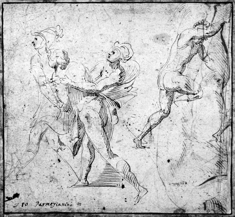 A couple of soldiers dragging of a prisoner (left) and a nude man striking out (right)