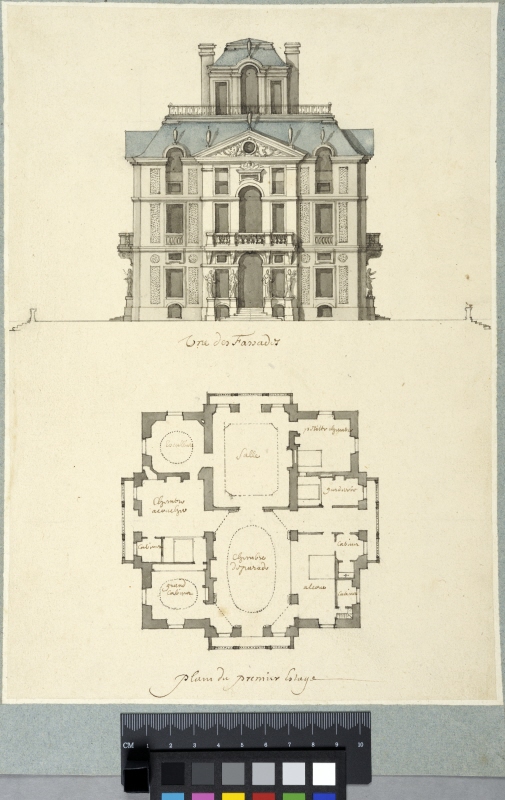French Maison de Plaisance with a Square Plan. Elevation of facade and first floor plan