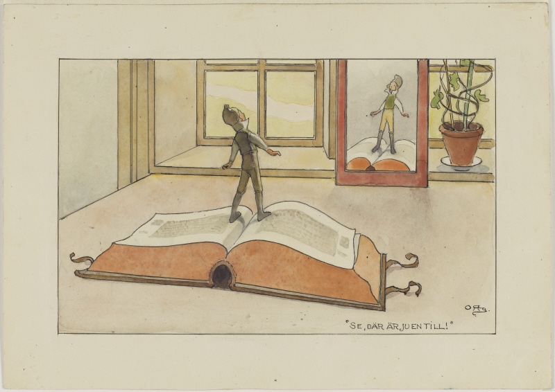 Design for a print illustrating Nils Holgersson by Selma Lagerlöf