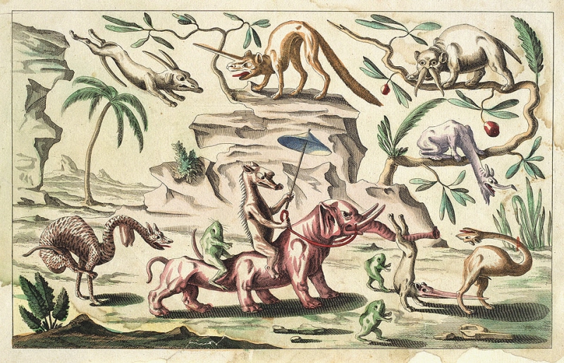 Groteska djur och växter i klipplandskap, kineseri, blad 2