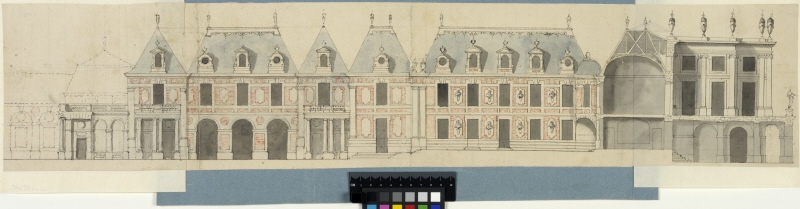 Versailles. Facade elevation of the inner courtfacade of the old château and crosssection through the garden facade with the enveloppe project.