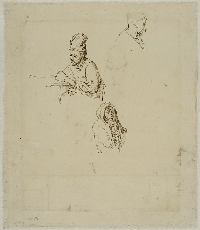 A man at a table, the head of a man, and a woman with a hood