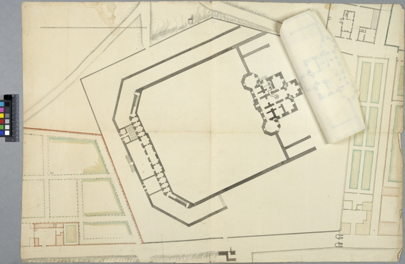 The Observatory, Paris. Lower floor plan with the entire site and surrounding blocks. With upper floor plans showing on two flaps