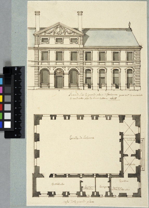 Building by Place de Sorbonne, Paris, Containing School and Stores. Elevation and ground floor plan