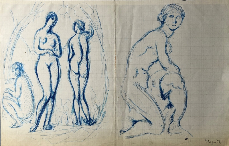 Två teckningar, tre nakna figurer och sittande naken kvinna