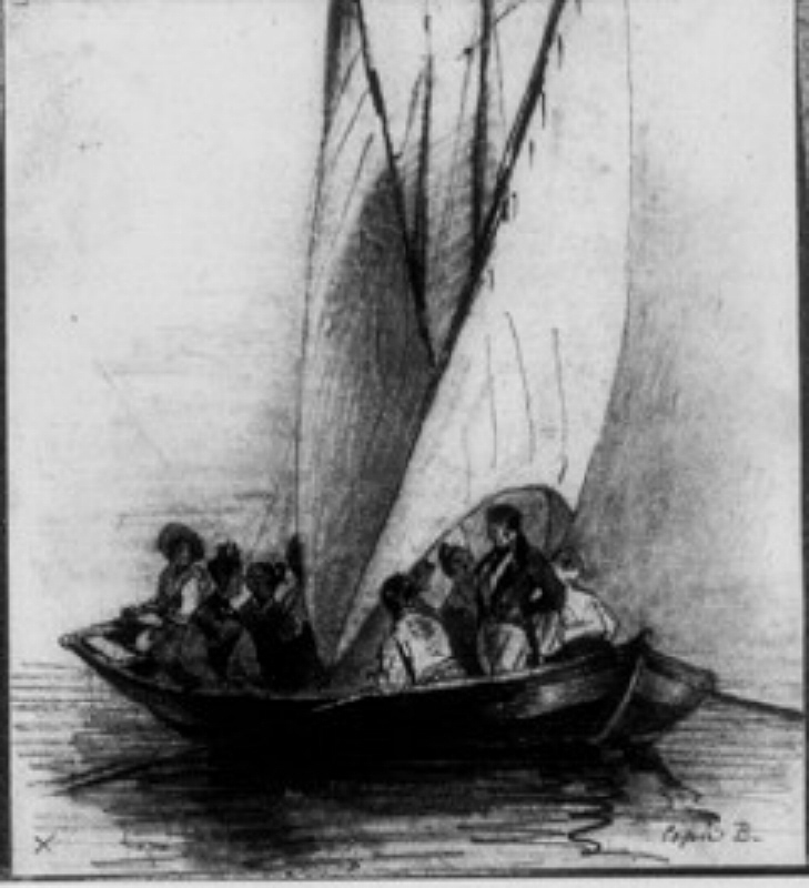 Flatbottnad segelbåt med passagerare