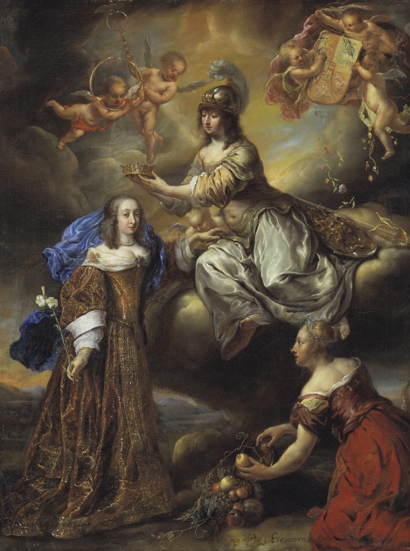 Hedvig Eleonora (1636-1715), prinsessa av Holstein-Gottorp, drottning av Sverige, gift med Karl X Gustav av SverigeKrönes av Minerva