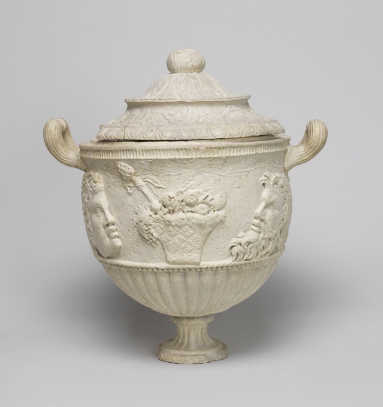 Urn with Dionysos, Satyrs, Thyrsus Staff and a Basket of Fruit