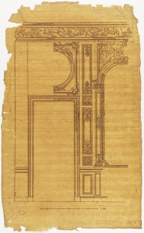 Partial elevation of a panelled interior with a door and mirror