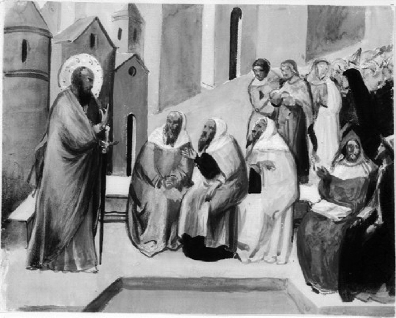 Aposteln Paulus predikar. Målning i Akademien i Siena