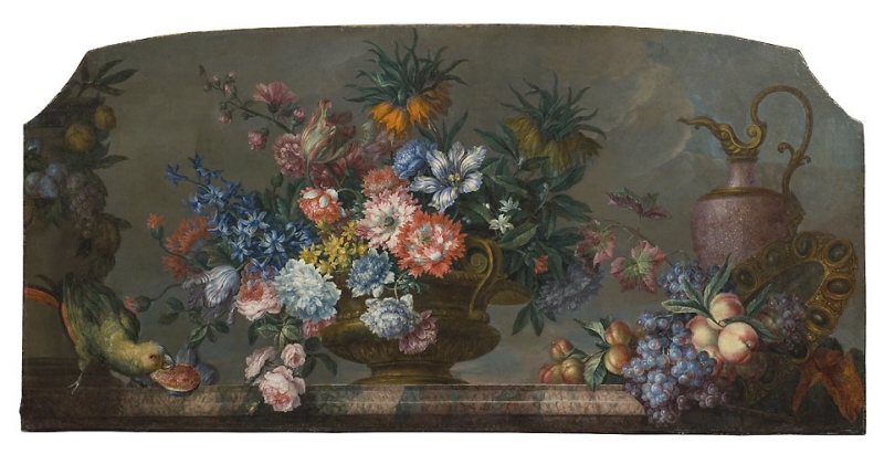Blomsterstycke med vaser och papegoja