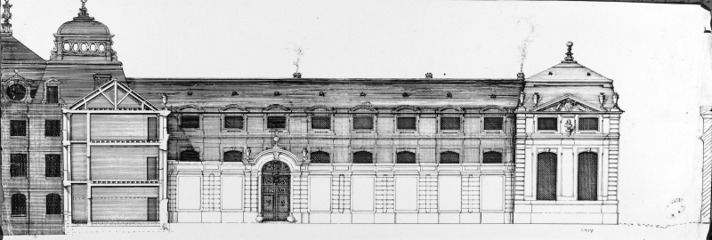 The Abbey of Val-de-Grâce, Paris. Partial elevation of facade and section through a wing