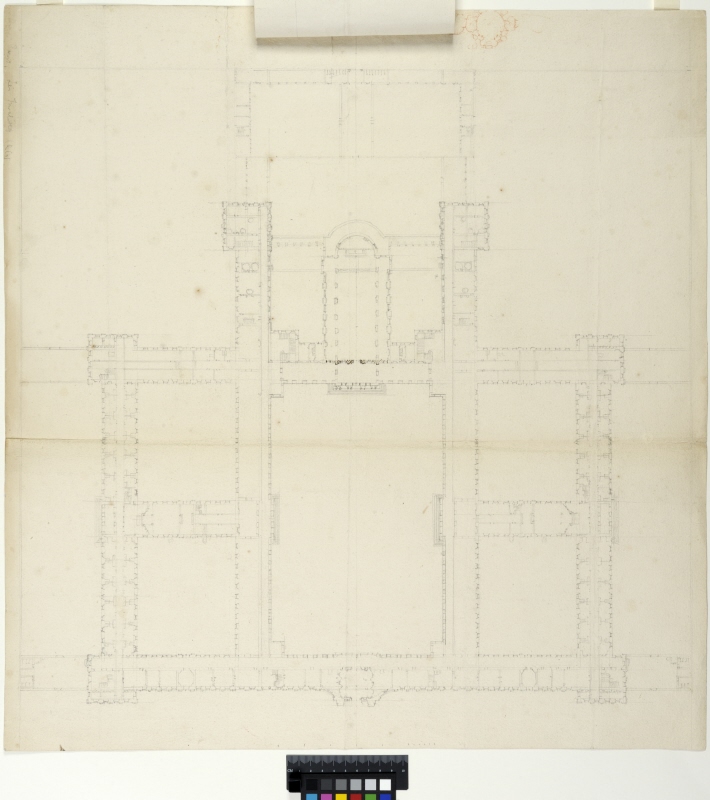 Plan till Hôtel des Invalides i Paris. Med två alternativa planer till kyrkan monterade som flikar på generalplanen