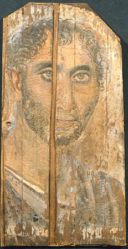 Mumieporträtt från Faijum. Äldre man med kort skägg klädd i en tunika