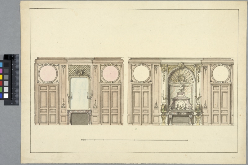 Two Wall Elevations, to the Left with a Chimneypiece beween Doors, to the Right with a Buffet in an Alcove