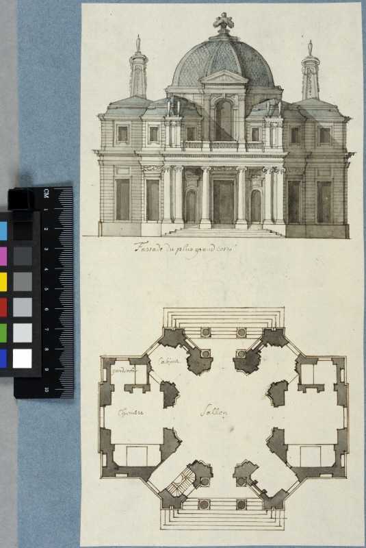 Elevation of main facade and plan of a Symetrically Planned Country House with a Central Octagonal Salon.
