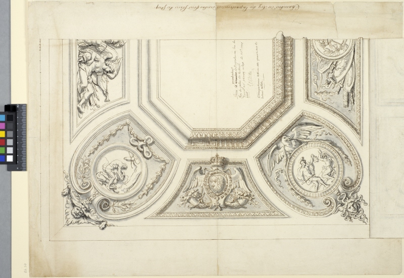 The Tuileries, Paris. Half-design for a ceiling decoration of the king's Grand cabinet. Flap showing an alternative corner