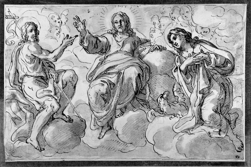 Christ in the sky surrounded by St. John the Baptist and St. John the Evangelist