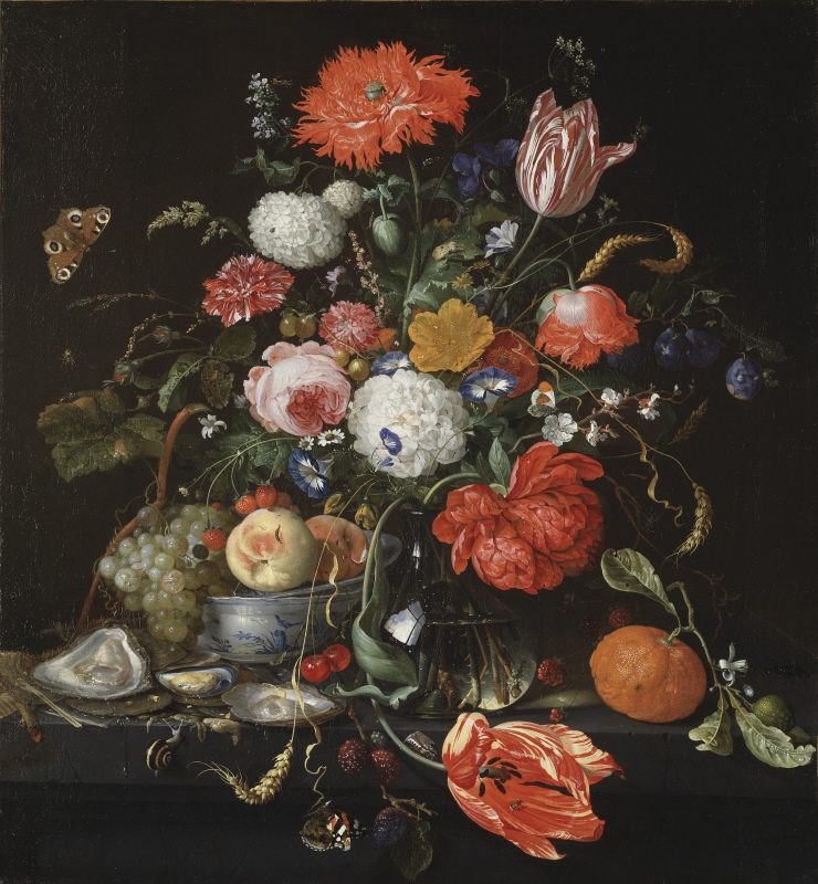 Flower Still Life with a Bowl of Fruit and Oysters