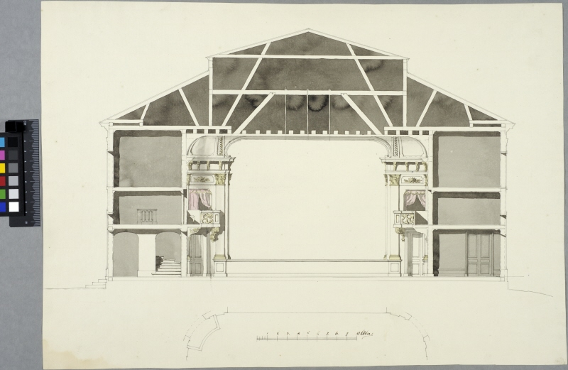 Drottningholm Palace Theatre. Cross section facing the stage and plan detail of the auditorium