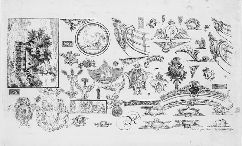 Avbildning av ett landskapsmotiv, medaljonger, ornament, kartuscher med mera på ett blad