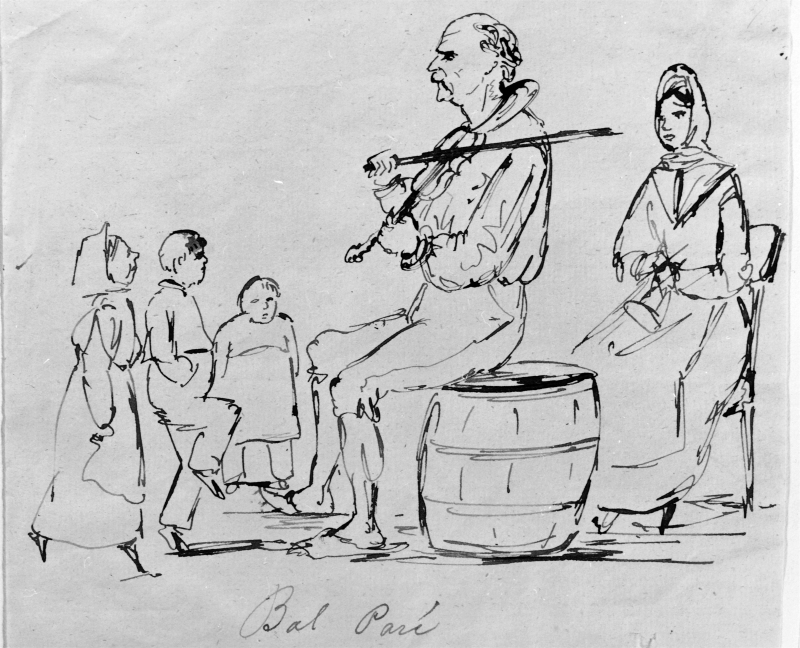 Fiolspelare sittande på en tunna